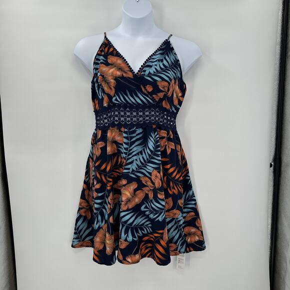 Cupshe‎ XL Tropical Floral Mini Dress Navy Orange Lace Detail Vacation NEW - Picture 1 of 9